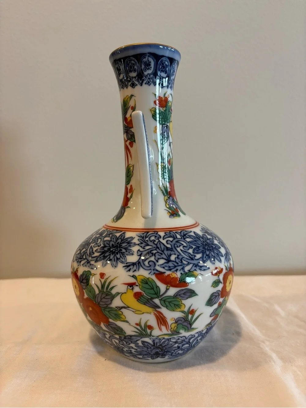 Vintage Otagiri OMC Vase Side Handles Yellow Bird Blue Design 9”